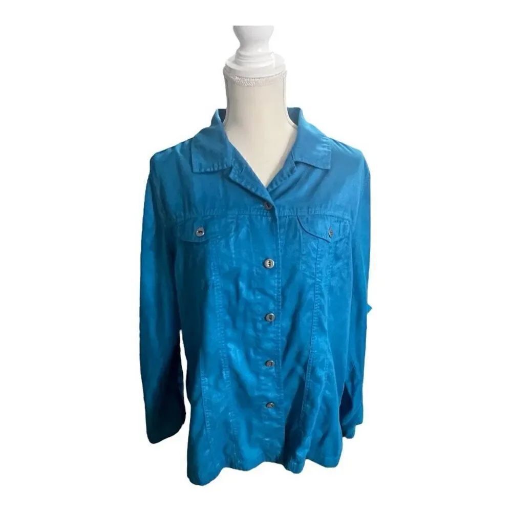 Chico’s Women Dark Turquoise Jacket Size 2(M) Chest-Pockets Button-Up Blue Suede